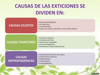 CAUSAS DE LAS EXTICIONES SE
           DIVIDEN EN:
                    • Nubes de polvo galáctico
                    • Las Supernovas
 CAUSAS CELESTES    • La actividad Solar
                    • Choque de cometas, asteroides u otros cuerpos celestes




                    • Erupciones volcánicas
                    • La Tectónica de Placas
CAUSAS TERRESTRES   • Influencias de la geografía
                    • Inversiones Magnéticas
                    • Enfriamiento Climático (Glaciaciones)



                    • Calentamiento del efecto invernadero
    CAUSAS          • Contaminación Ambiental
                    • La Deforestación
ANTROPOGÉNICAS      • La Desertización
                    • La superpoblación
 