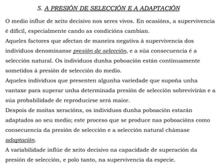 5. A PRESIÓN DE SELECCIÓN E A ADAPTACIÓN
O medio influe de xeito decisivo nos seres vivos. En ocasións, a supervivencia
é difícil, especialmente cando as condicións cambian.
Aqueles factores que afectan de maneira negativa á supervivencia dos
individuos denomínanse presión de selección, e a súa consecuencia é a
selección natural. Os individuos dunha poboación están continuamente
sometidos á presión de selección do medio.
Aqueles individuos que presenten algunha variedade que supoña unha
vantaxe para superar unha determinada presión de selección sobrevivirán e a
súa probabilidade de reproducirse será maior.
Despois de moitas xeracións, os individuos dunha poboación estarán
adaptados ao seu medio; este proceso que se produce nas poboacións como
consecuencia da presión de selección e a selección natural chámase
adaptación.
A variabilidade inflúe de xeito decisivo na capacidade de superación da
presión de selección, e polo tanto, na supervivencia da especie.
 