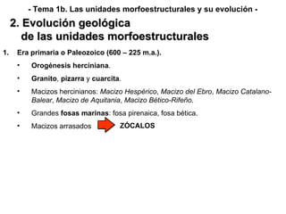 2. Evolución geológica de las unidades morfoestructurales - Tema 1b. Las unidades morfoestructurales y su evolución - Era primaria o Paleozoico (600 – 225 m.a.). Orogénesis   herciniana . Granito ,  pizarra  y  cuarcita . Macizos hercinianos:  Macizo Hespérico ,  Macizo del Ebro ,  Macizo Catalano-Balear ,  Macizo de Aquitania ,  Macizo Bético-Rifeño . Grandes  fosas marinas : fosa pirenaica, fosa bética. Macizos arrasados ZÓCALOS 