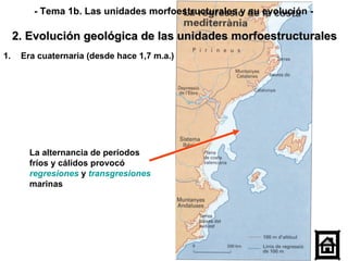 La alternancia de períodos fríos y cálidos provocó  regresiones  y  transgresiones  marinas Era cuaternaria (desde hace 1,7 m.a.) 2. Evolución geológica de las unidades morfoestructurales - Tema 1b. Las unidades morfoestructurales y su evolución - 
