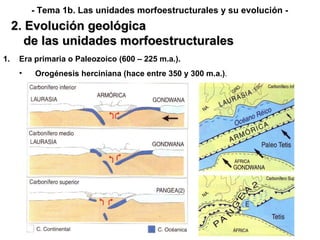 Era primaria o Paleozoico (600 – 225 m.a.). Orogénesis   herciniana (hace entre 350 y 300 m.a.) . 2. Evolución geológica de las unidades morfoestructurales - Tema 1b. Las unidades morfoestructurales y su evolución - 