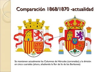 Comparación 1868/1870 -actualidad Se mantienen actualmente las Columnas de Hércules (coronadas) y la división en cinco cua...