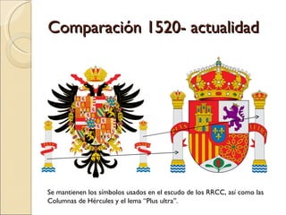 Comparación 1520- actualidad Se mantienen los símbolos usados en el escudo de los RRCC, así como las Columnas de Hércules ...