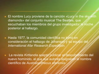 

El nombre Lucy proviene de la canción «Lucy in the sky with
diamonds» del conjunto musical The Beatles, que
escuchaban los miembros del grupo investigador la noche
posterior al hallazgo.



Hasta 1977, la comunidad científica no tomó en
consideración el hallazgo de Johanson y su equipo del
International Afar Research Expedition.



La revista Kirtlandia aceptó publicar el descubrimiento del
nuevo homínido, al que sus autores asignaron el nombre
científico de Australopithecus afarensis.

 