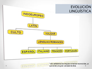 EVOLUCIÓN
LINGUÍSTICA
*sólo señalamoslaslenguasromancesreconocidas, ya
queexisteunagran variedad deellas
 