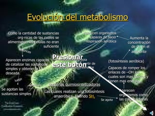 Evolución del metabolismo Como la cantidad de sustancias orgánicas de las cuales se alimentaban las células no eran suficiente Aparecen enzimas capaces de catalizar las sustancias simples y obtener la deseada. Se agotan las sustancias simples   aparecen Bacterias quimiosintetizadoras Las cuales realizan una fotosíntesis anaeróbica. Usando  SH 2 entonces luego Producen su propia materia prima a partir de compuestos carbonados Se agota Aparecen  organismos como las cianobacterias (fotosíntesis aeróbica) Capaces de romper los enlaces de –OH los cuales son mas fuertes y tienen mas energia. de O 2  en el ambiente Aumenta la concentración Aparecen organismos capaces de hacer respiración aeróbica Presionar este botón 