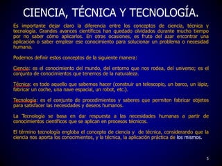 CIENCIA, TÉCNICA Y TECNOLOGÍA.
Es importante dejar claro la diferencia entre los conceptos de ciencia, técnica y
tecnologí...
