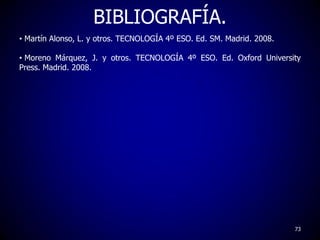 BIBLIOGRAFÍA.
• Martín Alonso, L. y otros. TECNOLOGÍA 4º ESO. Ed. SM. Madrid. 2008.
• Moreno Márquez, J. y otros. TECNOLOG...