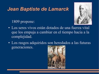 Jean Baptiste de Lamarck
1809 propone:
● Los seres vivos están dotados de una fuerza vital
que los empuja a cambiar en el ...