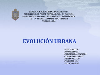 REPÚBLICA BOLIVARIANA DE VENEZUELA
 MINISTERIO DE PODER POPULAR PARA LA DEFENSA
UNIVERSIDAD NACIONAL EXPERIMENTAL POLITÉCNICA
      DE LA FUERZA ARMADA BOLIVARIANA
                 NÚCLEO LARA




EVOLUCIÓN URBANA
                                   INTEGRANTES:
                                   BRAVO RAFAEL
                                   CARRASCO ALEJANDRA
                                   COLMENAREZ SINAY
                                   DURÁN NELSON
                                   PIMENTEL LILI
                                   SECCIÓN 8N1AG
 