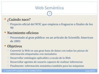 Web Semántica
                                                    5

 ¿Cuándo nace?
   Proyecto oficial del W3C que empieza a fraguarse a finales de los
    90
 Nacimiento oficioso
      Presentado al gran público: en un artículo de Scientific American
       de 2001
 Objetivos
      Convertir la Web en una gran base de datos con todas las piezas de
       información etiquetadas con metadatos
      Desarrollar ontologías aplicables a escala de la Web
      Desarrollar agentes de usuario capaces de realizar inferencias
      Finalmente: información semántica también para las máquinas
L. Codina (UPF) adaptado por M. Castillejo (UPLA)                     Junio 2012
 