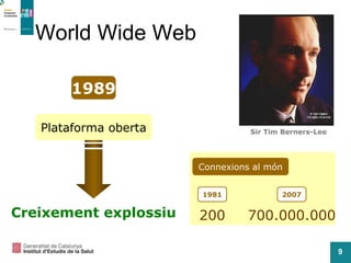 World Wide Web Plataforma oberta Creixement explossiu Sir Tim Berners-Lee 1989 Connexions al món 1981 200 2007 700.000.000 