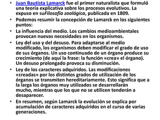 Juan Bautista Lamarck fue el primer naturalista que formuló una teoría explicativa sobre los procesos evolutivos. La expuso en suFilosofía zoológica, publicada en 1809.Podemos resumir la concepción de Lamarck en los siguientes puntos:La influencia del medio. Los cambios medioambientales provocan nuevas necesidades en los organismos.Ley del uso y del desuso. Para adaptarse al medio modificado, los organismos deben modificar el grado de uso de sus órganos. Un uso continuado de un órgano produce su crecimiento (de aquí la frase: la función «crea» el órgano). Un desuso prolongado provoca su disminución.Ley de los caracteres adquiridos. Las modificaciones «creadas» por los distintos grados de utilización de los órganos se transmiten hereditariamente. Esto significa que a la larga los órganos muy utilizados se desarrollarán mucho, mientras que los que no se utilicen tenderán a desaparecer.En resumen, según Lamarck la evolución se explica por acumulación de caracteres adquiridos en el curso de varias generaciones.