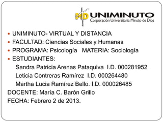  UNIMINUTO- VIRTUAL Y DISTANCIA
 FACULTAD: Ciencias Sociales y Humanas
 PROGRAMA: Psicología MATERIA: Sociología
 ESTUDIANTES:
  Sandra Patricia Arenas Pataquiva I.D. 000281952
  Leticia Contreras Ramírez I.D. 000264480
  Martha Lucia Ramírez Bello. I.D. 000026485
DOCENTE: María C. Barón Grillo
FECHA: Febrero 2 de 2013.
 