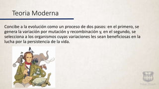 Teoria Moderna
Concibe a la evolución como un proceso de dos pasos: en el primero, se
genera la variación por mutación y recombinación y, en el segundo, se
selecciona a los organismos cuyas variaciones les sean beneficiosas en la
lucha por la persistencia de la vida.
 