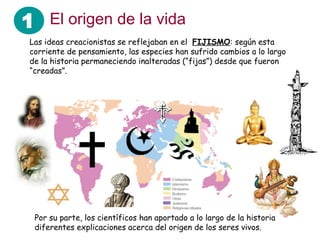 1 El origen de la vida
Las ideas creacionistas se reflejaban en el FIJISMO: según esta
corriente de pensamiento, las especies han sufrido cambios a lo largo
de la historia permaneciendo inalteradas (“fijas”) desde que fueron
“creadas”.
Por su parte, los científicos han aportado a lo largo de la historia
diferentes explicaciones acerca del origen de los seres vivos.
 