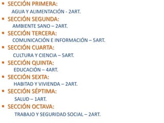  SECCIÓN PRIMERA:
AGUA Y ALIMENTACIÓN - 2ART.

 SECCIÓN SEGUNDA:
AMBIENTE SANO – 2ART.

 SECCIÓN TERCERA:
COMUNICACIÓN E INFORMACIÓN – 5ART.

 SECCIÓN CUARTA:
CULTURA Y CIENCIA – 5ART.

 SECCIÓN QUINTA:
EDUCACIÓN – 4ART.

 SECCIÓN SEXTA:
HABITAD Y VIVIENDA – 2ART.

 SECCIÓN SÉPTIMA:
SALUD – 1ART.

 SECCIÓN OCTAVA:
TRABAJO Y SEGURIDAD SOCIAL – 2ART.

 