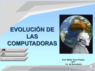 Prof. Walter Tume Fiestas
EPT
1ro de Secundaria
Contenido Temático
Créditos
Presentación
EVOLUCIÓN DE
LAS
COMPUTADORAS
 