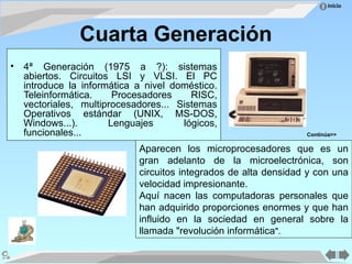 Inicio
Cuarta Generación
• 4ª Generación (1975 a ?): sistemas
abiertos. Circuitos LSI y VLSI. El PC
introduce la informática a nivel doméstico.
Teleinformática. Procesadores RISC,
vectoriales, multiprocesadores... Sistemas
Operativos estándar (UNIX, MS-DOS,
Windows...). Lenguajes lógicos,
funcionales...
Aparecen los microprocesadores que es un
gran adelanto de la microelectrónica, son
circuitos integrados de alta densidad y con una
velocidad impresionante.
Aquí nacen las computadoras personales que
han adquirido proporciones enormes y que han
influido en la sociedad en general sobre la
llamada "revolución informática".
Continúa>>
 