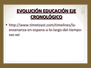 EVOLUCIÓN EDUCACIÓN EJE
CRONOLÓGICO
• http://www.timetoast.com/timelines/laensenanza-en-espana-a-lo-largo-del-tiemposxx-xxi

 
