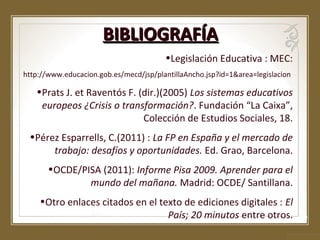 BIBLIOGRAFÍA
•Legislación Educativa : MEC:
http://www.educacion.gob.es/mecd/jsp/plantillaAncho.jsp?id=1&area=legislacion

•Prats J. et Raventós F. (dir.)(2005) Los sistemas educativos
europeos ¿Crisis o transformación?. Fundación “La Caixa”,
Colección de Estudios Sociales, 18.
•Pérez Esparrells, C.(2011) : La FP en España y el mercado de
trabajo: desafíos y oportunidades. Ed. Grao, Barcelona.
•OCDE/PISA (2011): Informe Pisa 2009. Aprender para el
mundo del mañana. Madrid: OCDE/ Santillana.
•Otro enlaces citados en el texto de ediciones digitales : El
País; 20 minutos entre otros.

 
