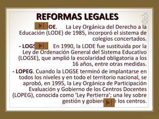 REFORMAS LEGALES
- LODE. La Ley Orgánica del Derecho a la
Educación (LODE) de 1985, incorporó el sistema de
colegios concertados.
- LOGSE.
En 1990, la LODE fue sustituida por la
Ley de Ordenación General del Sistema Educativo
(LOGSE), que amplió la escolaridad obligatoria a los
16 años, entre otras medidas.
- LOPEG. Cuando la LOGSE terminó de implantarse en
todos los niveles y en todo el territorio nacional, se
aprobó, en 1995, la Ley Orgánica de Participación
Evaluación y Gobierno de los Centros Docentes
(LOPEG), conocida como 'Ley Pertierra'; una ley sobre
gestión y gobierno de los centros.

 