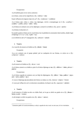 3 
Excepciones: 
-La ē también pasó a i en varios contextos: 
a) en hiato, como en los imperfectos. (Ej.: ridebam > reía) ...