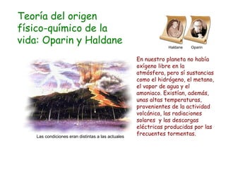 Haldane  Oparin En nuestro planeta no había oxígeno libre en la atmósfera, pero sí sustancias como el hidrógeno, el metano, el vapor de agua y el amoniaco. Existían, además, unas altas temperaturas, provenientes de la actividad volcánica, las radiaciones solares  y las descargas eléctricas producidas por las frecuentes tormentas. Las condiciones eran distintas a las actuales Teoría del origen físico-químico de la vida: Oparin y Haldane 