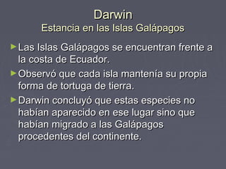 DarwinDarwin
Estancia en las Islas GalápagosEstancia en las Islas Galápagos
►Las Islas Galápagos se encuentran frente aLas Islas Galápagos se encuentran frente a
la costa de Ecuador.la costa de Ecuador.
►Observó que cada isla mantenía su propiaObservó que cada isla mantenía su propia
forma de tortuga de tierra.forma de tortuga de tierra.
►Darwin concluyó que estas especies noDarwin concluyó que estas especies no
habían aparecido en ese lugar sino quehabían aparecido en ese lugar sino que
habían migrado a las Galápagoshabían migrado a las Galápagos
procedentes del continente.procedentes del continente.
 