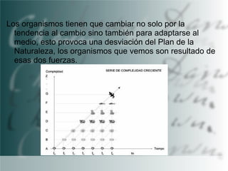 Los organismos tienen que cambiar no solo por la
tendencia al cambio sino también para adaptarse al
medio, esto provoca una desviación del Plan de la
Naturaleza, los organismos que vemos son resultado de
esas dos fuerzas.

 