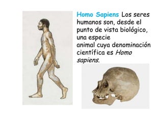 Homo Sapiens Los seres
humanos son, desde el
punto de vista biológico,
una especie
animal cuya denominación
científica es Homo

sapiens.

 