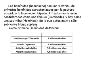 Los homínidos (homininina) son una subtribu de
primates homínidos caracterizados por la postura
erguida y la locomoción bípeda. Anteriormente eran
considerados como una familia (Hominade), y hoy como
una subtribu (Hominina), de la que actualmente sólo
sobrevive Homo sapiens.
Como primero Homínidos destacan:
Especie Homínido

Antigüedad

SahelanthropusTchadensis

7 millones de años

Orrorin Tugenensis

6 millones de años

Ardipithecus Kadabba

5,8 millones de años

Ardipithecus Ramidus

4,4 millones de años

 