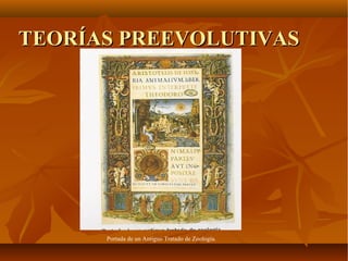 Portada de un Antiguo Tratado de Zoología.
TEORÍAS PREEVOLUTIVASTEORÍAS PREEVOLUTIVAS
 