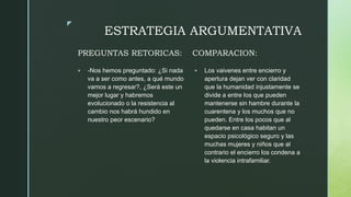 z
ESTRATEGIA ARGUMENTATIVA
PREGUNTAS RETORICAS:
 -Nos hemos preguntado: ¿Si nada
va a ser como antes, a qué mundo
vamos a regresar?, ¿Será este un
mejor lugar y habremos
evolucionado o la resistencia al
cambio nos habrá hundido en
nuestro peor escenario?
COMPARACION:
 Los vaivenes entre encierro y
apertura dejan ver con claridad
que la humanidad injustamente se
divide a entre los que pueden
mantenerse sin hambre durante la
cuarentena y los muchos que no
pueden. Entre los pocos que al
quedarse en casa habitan un
espacio psicológico seguro y las
muchas mujeres y niños que al
contrario el encierro los condena a
la violencia intrafamiliar.
 