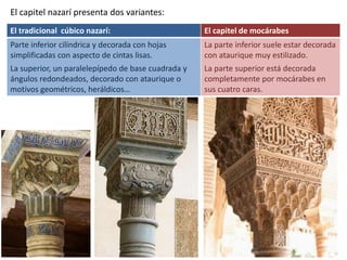 El capitel nazarí presenta dos variantes:
El tradicional cúbico nazarí: El capitel de mocárabes
Parte inferior cilíndrica y decorada con hojas
simplificadas con aspecto de cintas lisas.
La superior, un paralelepípedo de base cuadrada y
ángulos redondeados, decorado con ataurique o
motivos geométricos, heráldicos…
La parte inferior suele estar decorada
con ataurique muy estilizado.
La parte superior está decorada
completamente por mocárabes en
sus cuatro caras.
 