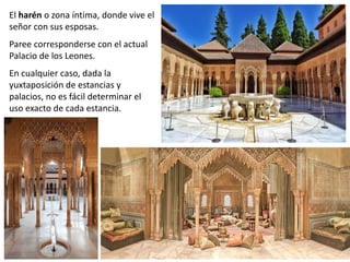 El harén o zona íntima, donde vive el
señor con sus esposas.
Paree corresponderse con el actual
Palacio de los Leones.
En cualquier caso, dada la
yuxtaposición de estancias y
palacios, no es fácil determinar el
uso exacto de cada estancia.
 