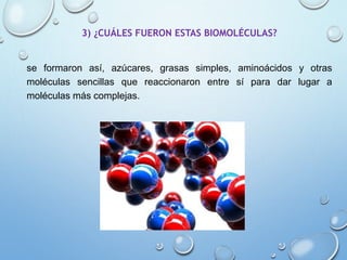 3) ¿CUÁLES FUERON ESTAS BIOMOLÉCULAS?
se formaron así, azúcares, grasas simples, aminoácidos y otras
moléculas sencillas que reaccionaron entre sí para dar lugar a
moléculas más complejas.
 