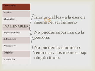 Irrenunciables - a la esencia
misma del ser humano
No pueden separarse de la
persona.
No pueden trasmitirse o
renunciar a los mismos, bajo
ningún título.
Universales:
Innatos:
Absolutos:
INALIENABLES:
Imprescriptibles
Indivisibles:
Progresivos:
Exigibles:
Inviolables:
 