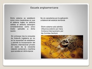 Escuela angloamericana
Dicho sistema se estableció
como único basándose en que
el sistema ingles no atribuía
valides al derecho extranjero
considerándose como único
medio aplicable a dicha
nación.
Sin embargo tras la conquista
de Holanda Inglaterra se vio
en la necesidad de establecer
y permitir la incorporación del
derecho internacional privado
en razón de la creciente
relación comercial y marítima
que aunaba en dicha época
Se vio caracteriza por la aplicación
unilateral del estatuto territorial.
Dicho sistema solo admitía
influencia exterior por mera
Cortesía Internacional o por
las Comitas Gentium
 
