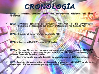 CRONOLOGÍACRONOLOGÍA
 1965:1965: - Primera conexión entre dos ordenadores mediante una línea
telefónica
 1969:-1969:- Primera conexión del proyecto ARPANET el día 29/10/1969
- Comienza el desarrollo del primer protocolo de red llamado NCP
 1970:-1970:- Finaliza el desarrollo del protocolo NCP
 1971: -1971: - La red ARPANET conecta 14 nodos
 1973:-1973:- Ya son 30 las instituciones norteamericanas conectadas a ARPANET
- Se establece una conexión por satélite de ARPANET con Noruega, la
primera fuera de Estados Unidos.
-Posteriormente ese año también se conecta con un IMP en Londres.
 1975:1975: Después de varios años de desarrollo y pruebas, ARPANET se declara
operacional. En ese momento ya hay 61 nodos conectados.
 