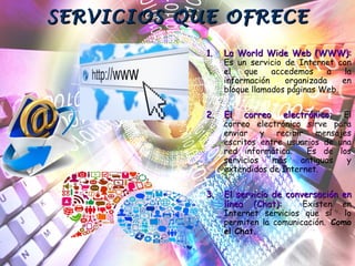 SERVICIOS QUE OFRECESERVICIOS QUE OFRECE
1.1. La World Wide Web (WWW):La World Wide Web (WWW):
Es un servicio de Internet con
el que accedemos a la
información organizada en
bloque llamados páginas Web.
2.2. El correo electrónico:El correo electrónico: El
correo electrónico sirve para
enviar y recibir mensajes
escritos entre usuarios de una
red informática. Es de los
servicios más antiguos y
extendidos de Internet.
3.3. El servicio de conversación enEl servicio de conversación en
línea (Chat):línea (Chat): Existen en
Internet servicios que sí lo
permiten la comunicación. Como
el Chat.
 