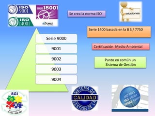 Serie 9000
9001
9002
9003
9004
Se crea la norma ISO
Certificación Medio Ambiental
Serie 1400 basada en la B S / 7750
Punto en común un
Sistema de Gestión
 