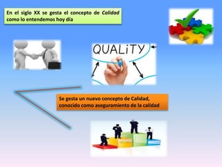 En el siglo XX se gesta el concepto de Calidad
como lo entendemos hoy día
Se gesta un nuevo concepto de Calidad,
conocido como aseguramiento de la calidad
 