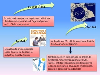 En 1931 - 1939
En 1944
En este periodo aparece la primera definición
oficial conocida de Calidad: "Aptitud para el
uso" o "Adecuación al uso
se funda en EE. UU. la American Society
for Quality Control (ASQC)
se publica la primera revista
sobre Control de Calidad, la
Industrial Quality Control
En 1946
También nace en este periodo la, Unión de
científicos e Ingenieros japoneses (JUSE)
(1946), entidad independiente del gobierno
japonés, que aúna a grupos de empresarios,
gente del gobierno y académicos
 