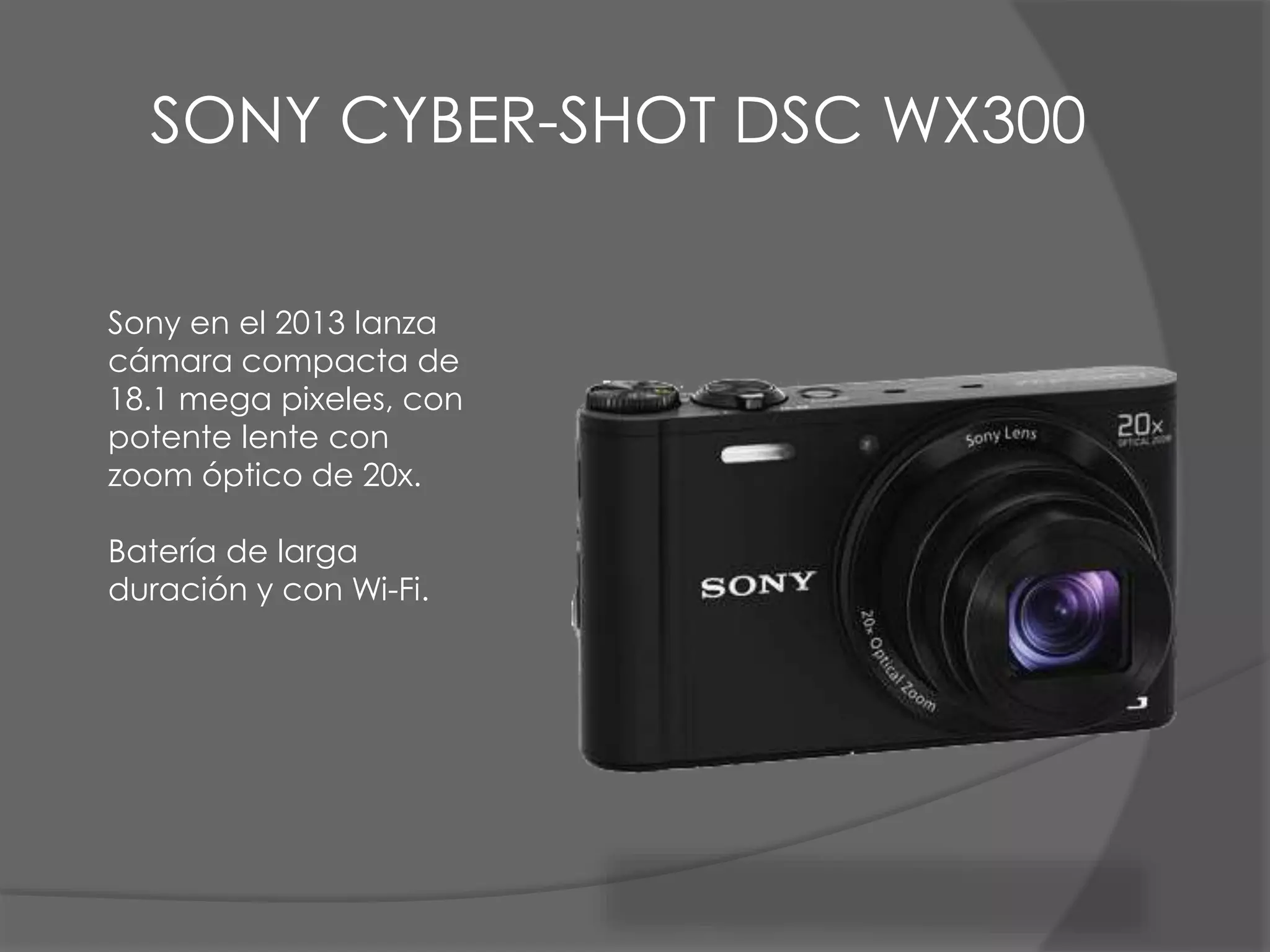 SONY CYBER-SHOT DSC WX300
Sony en el 2013 lanza
cámara compacta de
18.1 mega pixeles, con
potente lente con
zoom óptico de 20x.
Batería de larga
duración y con Wi-Fi.
 