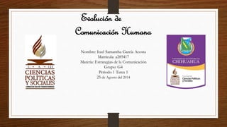 Evolución de 
Comunicación Humana 
Nombre: Itzel Samantha García Acosta 
Matricula: a285417 
Materia: Estrategias de la Comunicación 
Grupo: G4 
Periodo 1 Tarea 1 
25 de Agosto del 2014 
 