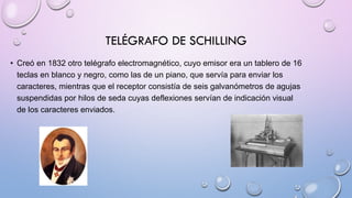 TELÉGRAFO DE SCHILLING
• Creó en 1832 otro telégrafo electromagnético, cuyo emisor era un tablero de 16
teclas en blanco y negro, como las de un piano, que servía para enviar los
caracteres, mientras que el receptor consistía de seis galvanómetros de agujas
suspendidas por hilos de seda cuyas deflexiones servían de indicación visual
de los caracteres enviados.

 