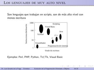 Los lenguajes de muy alto nivel


        Son lenguajes que trabajan en scripts, son de m´s alto nivel con
                                                       a
        menos escritura
                                                              1000                           Scripting
                                  Instrucciones/declaración                         Visual Basic

                                                               100                                       Java
                                                                         Tcl/Perl
                                                                                                C++
                                                                                            C
                                                                10
                                                                      Ensamblador
                                                                                       Programación de sistemas
                                                                1
                                                                                    Grado de escritura


        Ejemplos: Perl, PHP, Python, Tcl/Tk, Visual Basic



Dr. Luis Gerardo de la Fraga   Cinvestav                             Evoluci´n de la Programaci´n Orientada a Objetos
                                                                            o                  o                        19/32
 