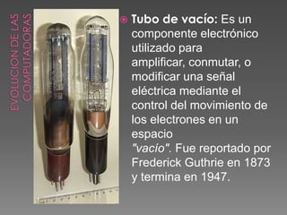 EVOLUCION DE LAS COMPUTADORAS Tubo de vacío: Es un componente electrónico utilizado para amplificar, conmutar, o modificar una señal eléctrica mediante el control del movimiento de los electrones en un espacio "vacío". Fue reportado por Frederick Guthrie en 1873 y termina en 1947. 