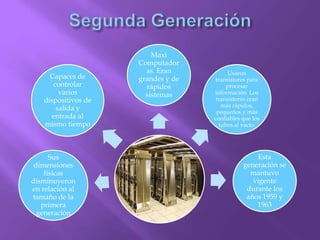 Maxi
Computador
as. Eran
grandes y de
rápidos
sistemas
Usaron
transistores para
procesar
información. Los
transistores eran
más rápidos,
pequeños y más
confiables que los
tubos al vacío.
Esta
generación se
mantuvo
vigente
durante los
años 1959 y
1963
Sus
dimensiones
físicas
disminuyeron
en relación al
tamaño de la
primera
generación
Capaces de
controlar
varios
dispositivos de
salida y
entrada al
mismo tiempo
 
